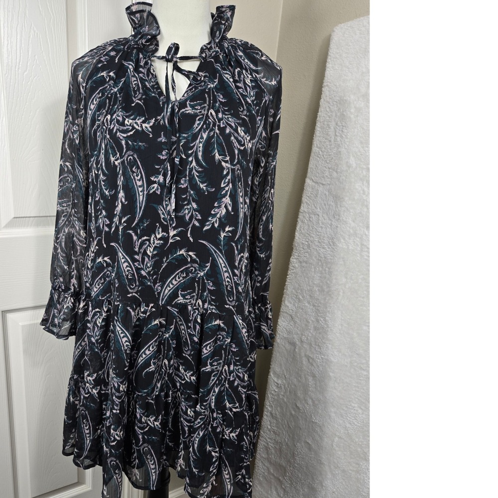 VERSONA Women's Small Black Paisley Print Long Sleeve‎ Ruffle Neck Tiered Dress